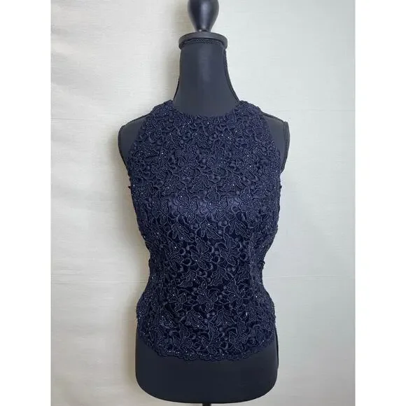 Carmen Marc Valvo Navy Lace Beaded Sleeveless Top – Size 4 - Picture 2 of 9